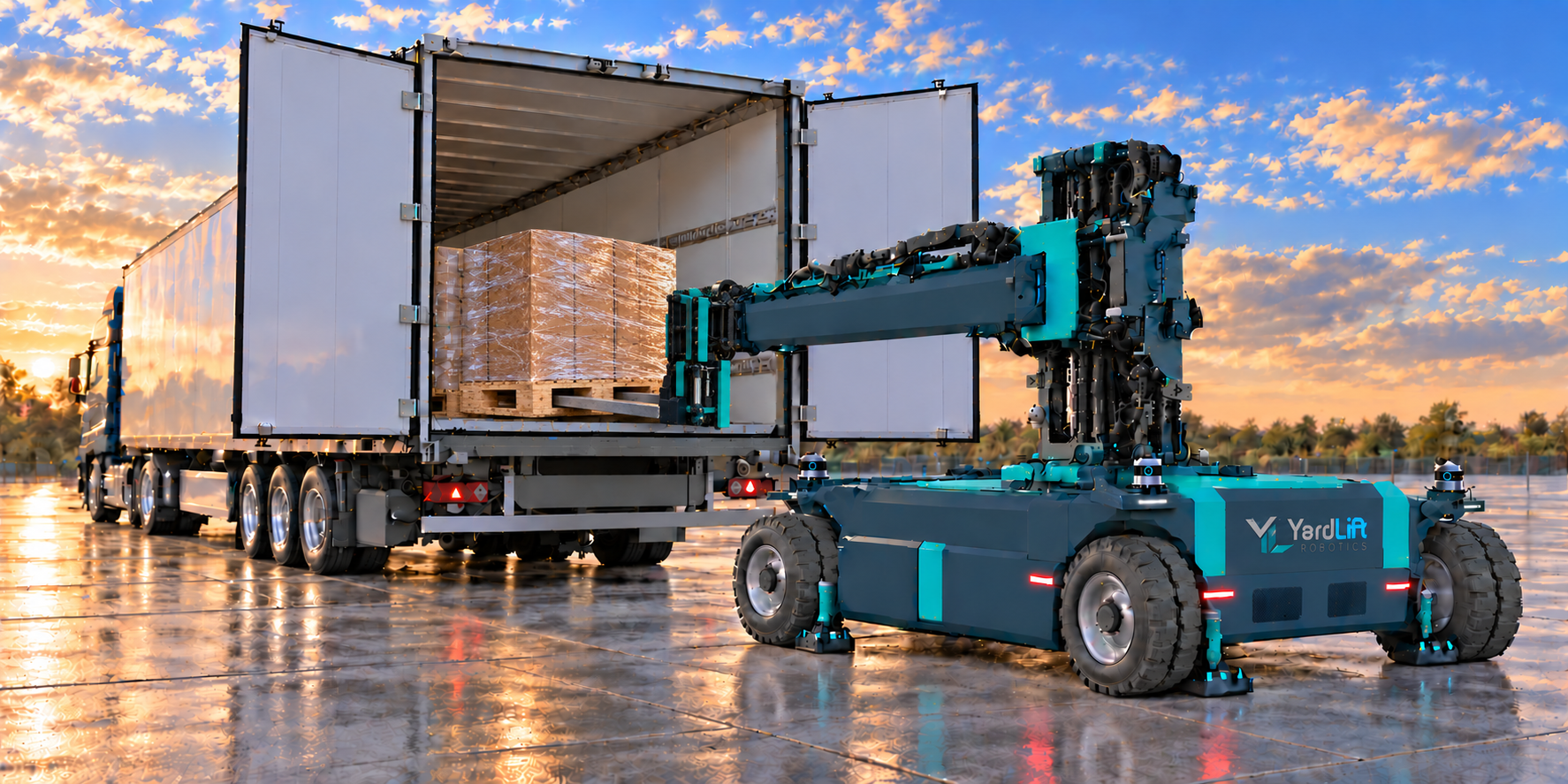 YardLift Roboter entlädt eine Palette von einem Sattelauflieger